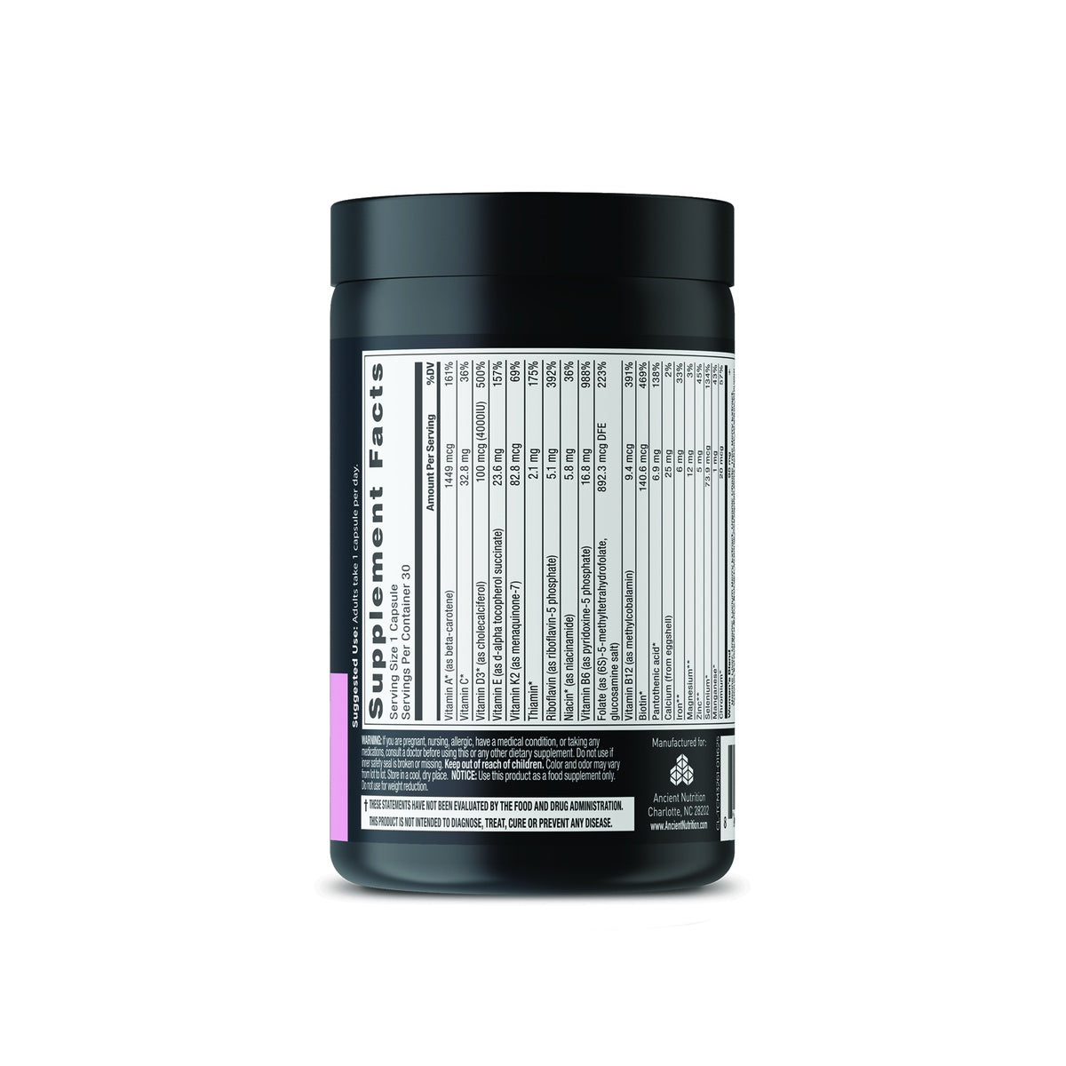 ATN058 | Back of bottle showing supplement facts