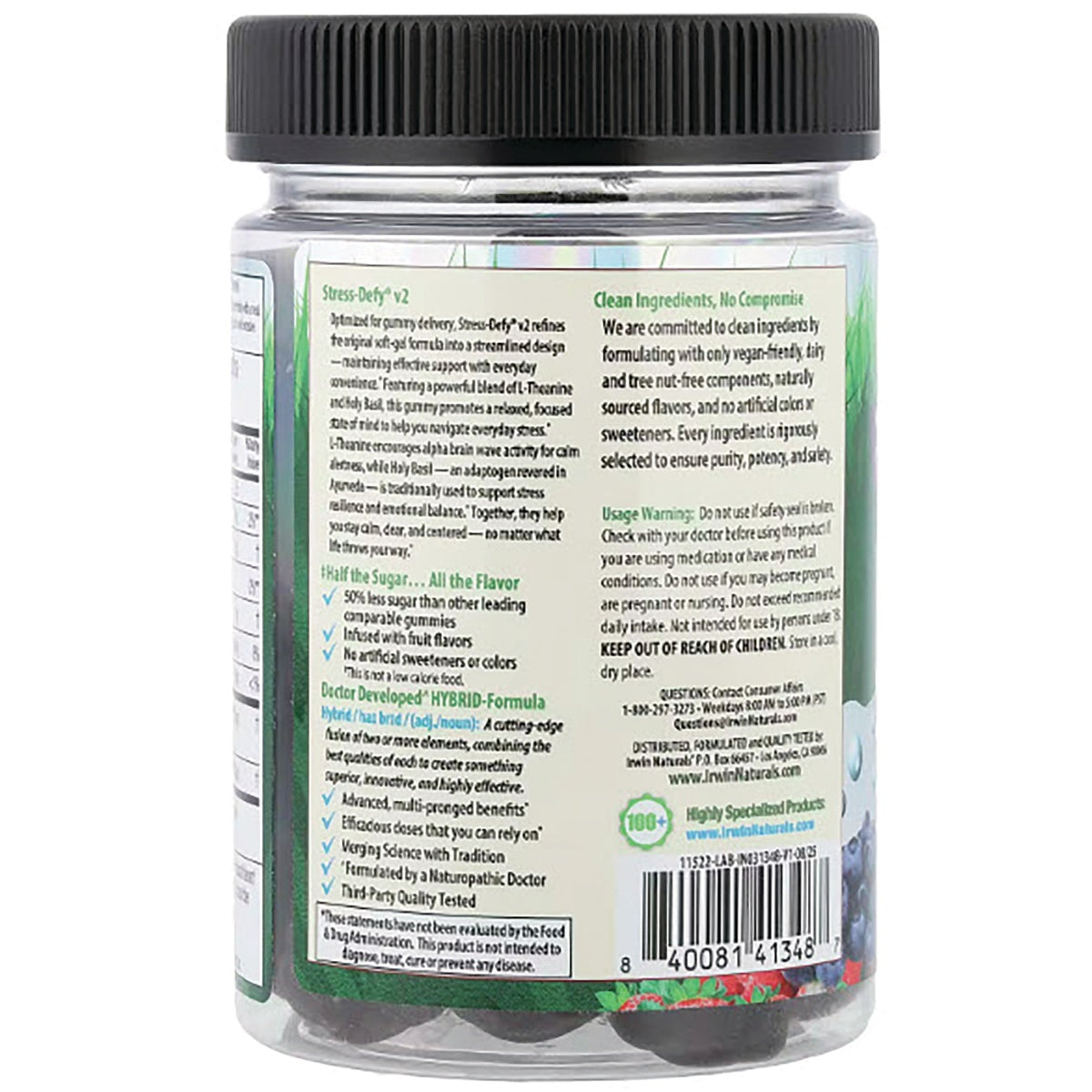 IR306 | Back label of supplement jar showing ingredients, usage information and barcode