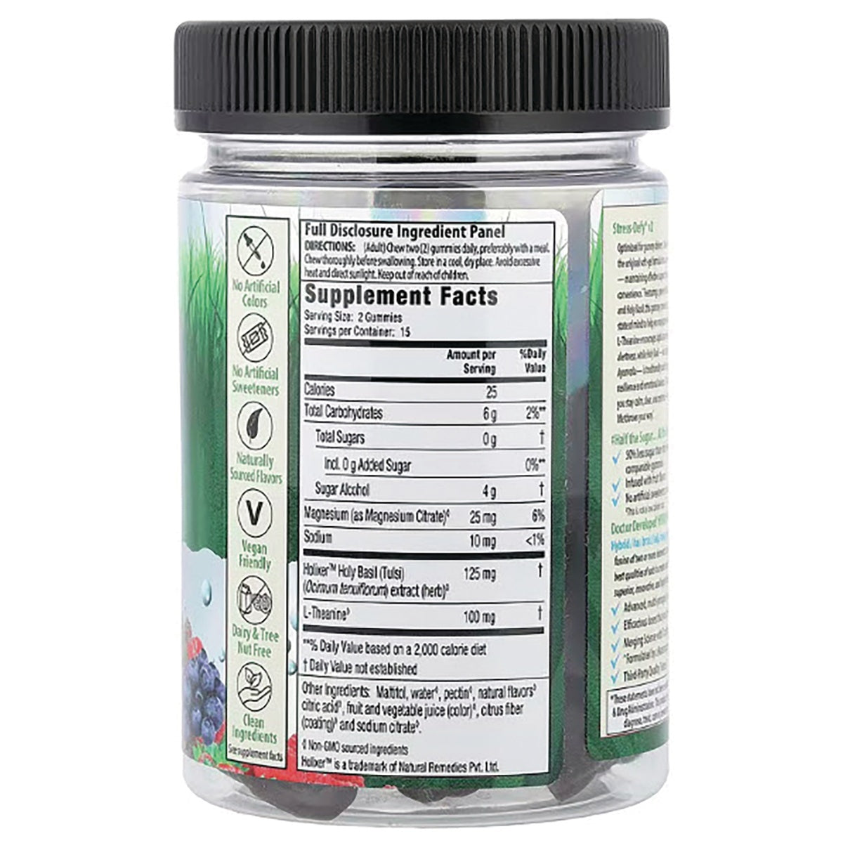 IR306 | back of clear gummy jar showing Supplement Facts panel, ingredient icons, and nutrition facts