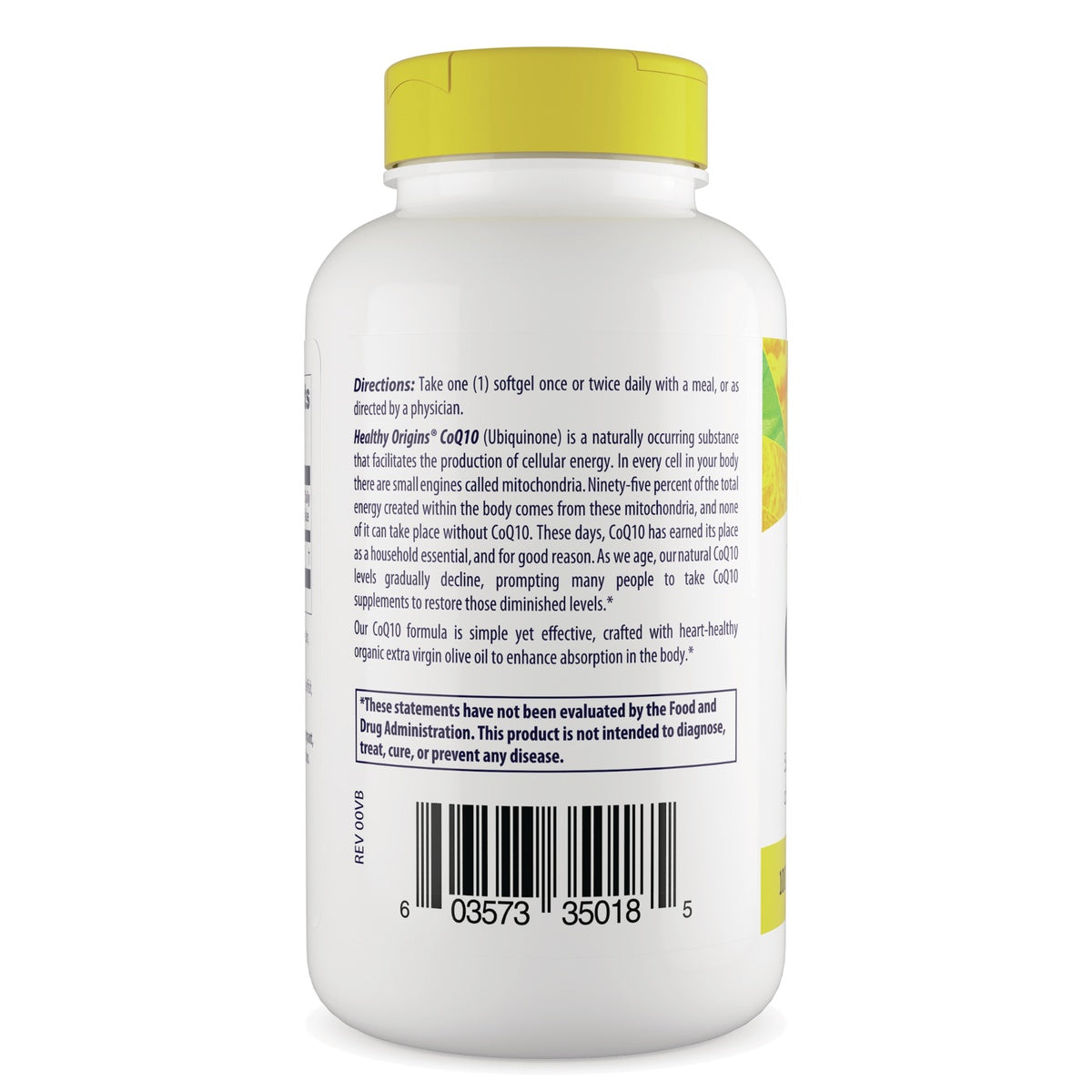 HRG180 | back label of white supplement bottle with directions text and barcode, yellow cap visible