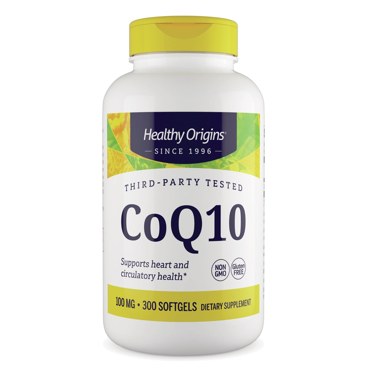HRG180 | Healthy Origins Natural CoQ10 100 mg 300 softgels bottle with yellow cap labeled Supports a Healthy Heart