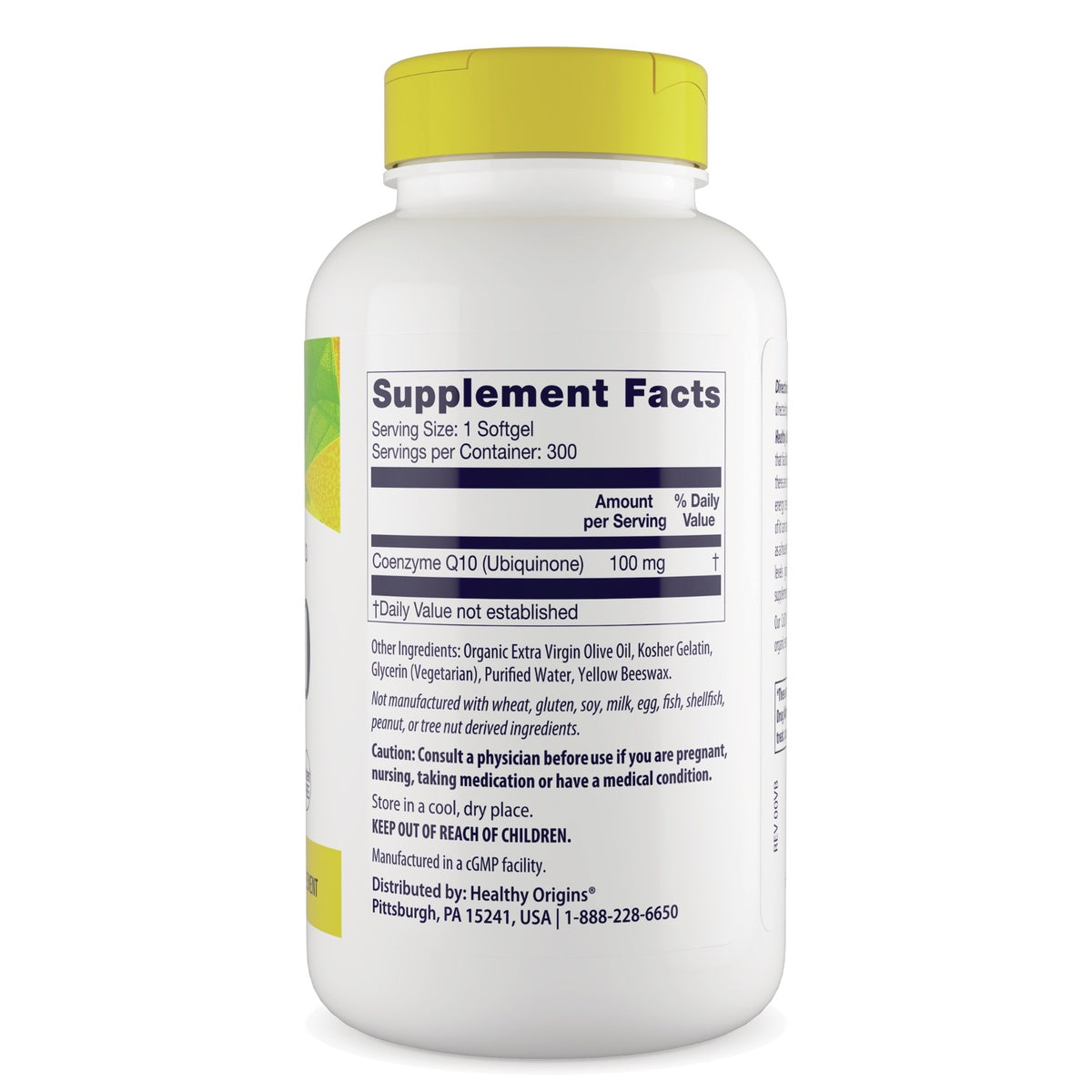 HRG180 | Back label with Supplement Facts listing Coenzyme Q10 100 mg, ingredients, cautions and manufacturer info
