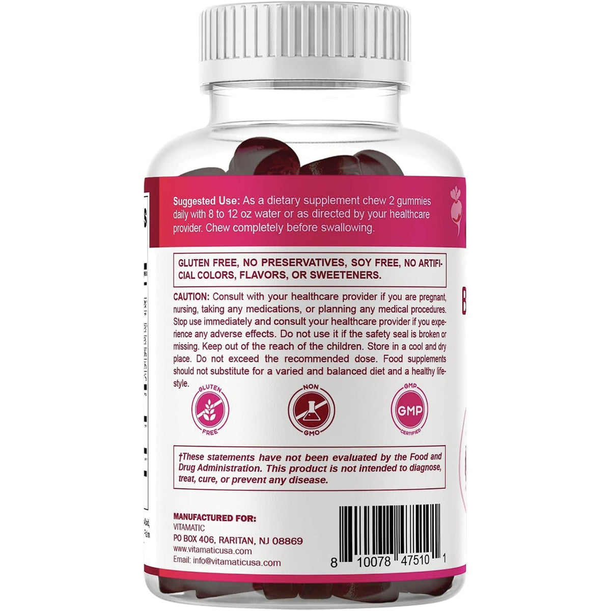 VAM011 | Back of gummy supplement bottle with suggested use, gluten free, non-GMO, GMP icons, and barcode