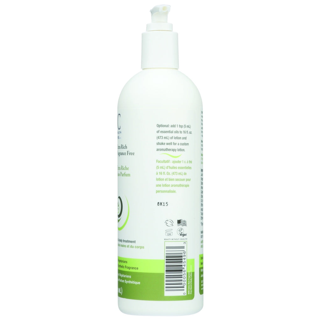 BWC112 | Back of white pump lotion bottle showing barcode, ingredient text, usage instructions and certification icons - Thumbnail