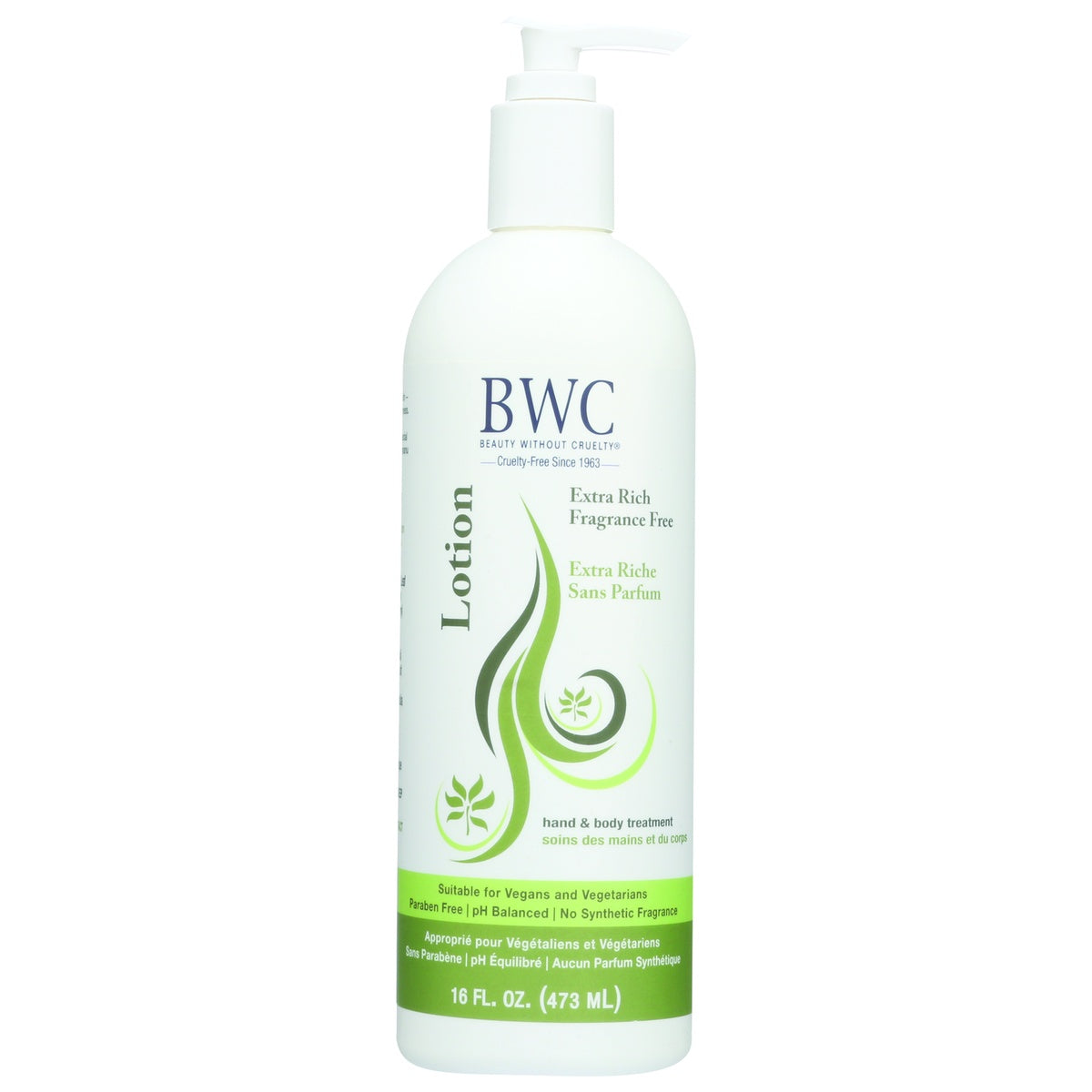 BWC112 | white pump bottle of BWC lotion labeled Extra Rich Fragrance Free 16 FL (473 mL)