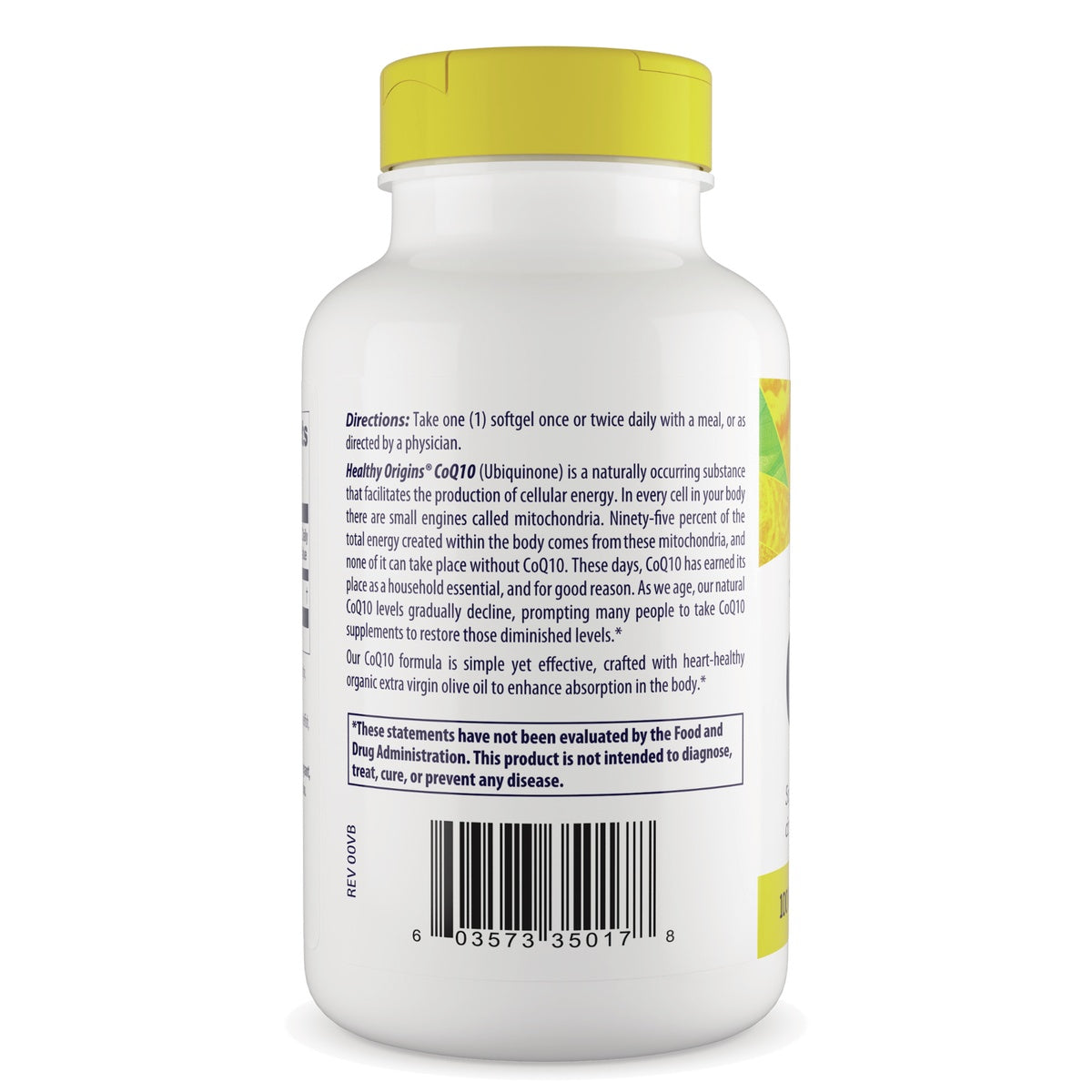 HRG016 | back label of white supplement bottle with directions text and barcode, yellow cap visible