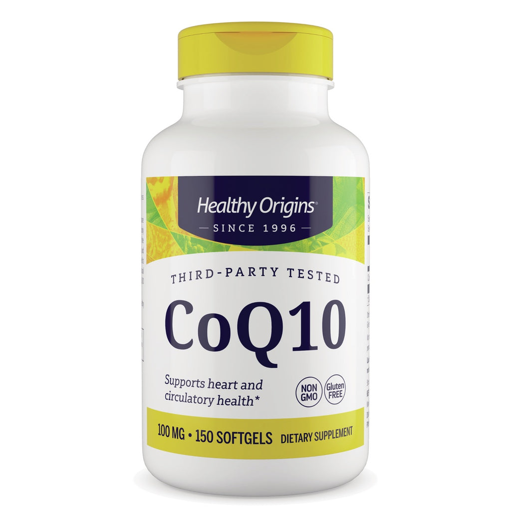 HRG016 | White bottle front labeled Healthy Origins Natural CoQ10 100 mg 150 softgels supports a healthy heart - Thumbnail