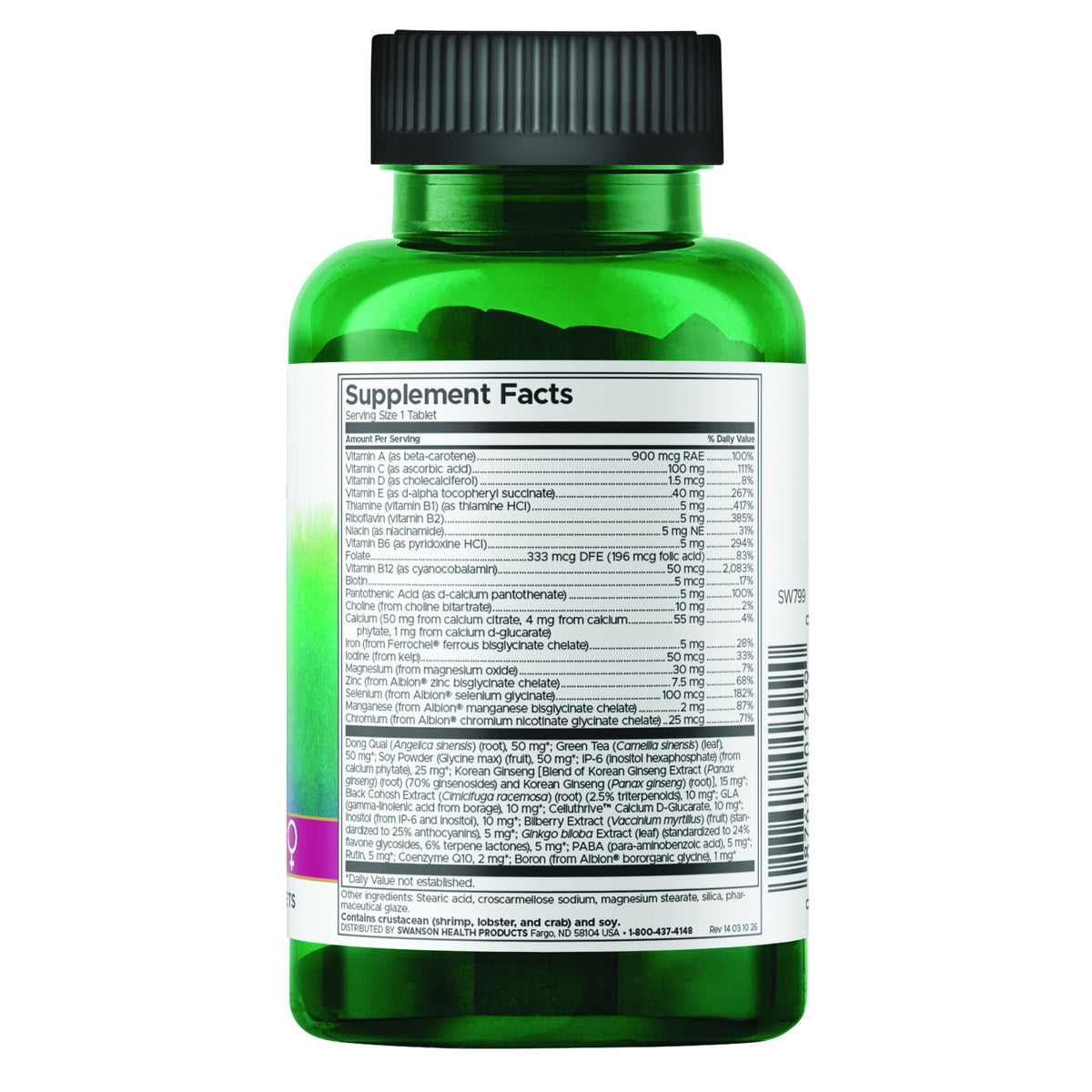 SW800 | Back of green supplement bottle showing Supplement Facts panel and ingredients list