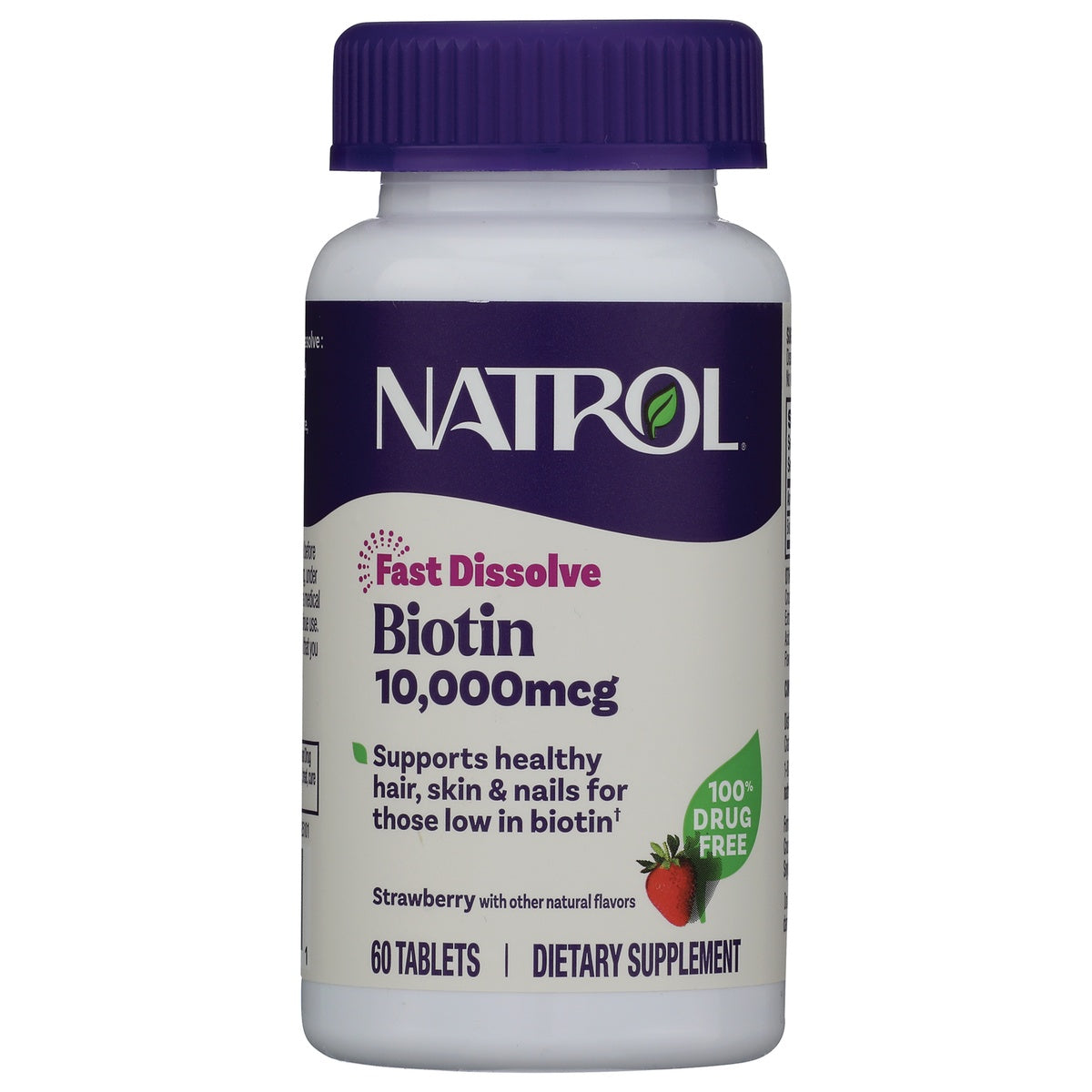 NA555 | Natrol Biotin 10,000 mcg fast dissolve tablets, strawberry flavor, 60-count white bottle
