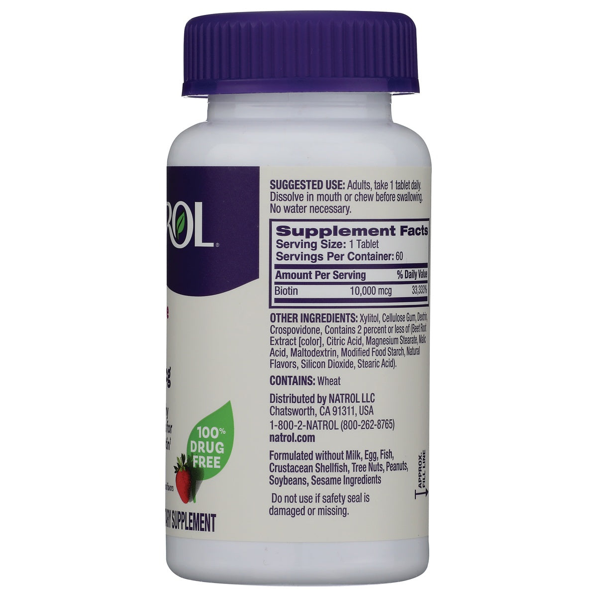 NA555 | back of white supplement bottle showing Supplement Facts table, ingredients list and contains: Wheat