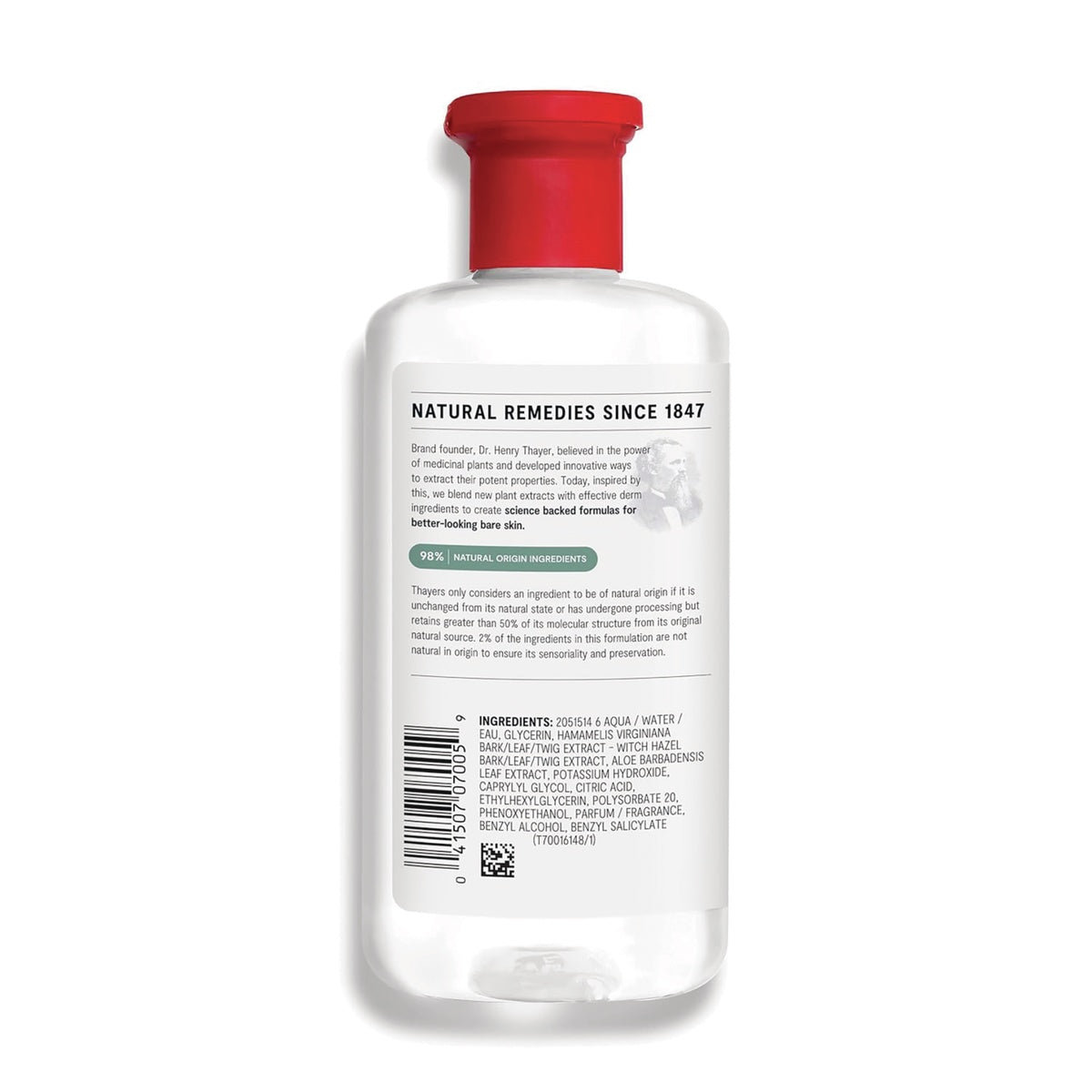 THA021 | Back label of Thayers Facial Toner Witch Hazel Aloe Vera Formula with directions, ingredients, and barcode
