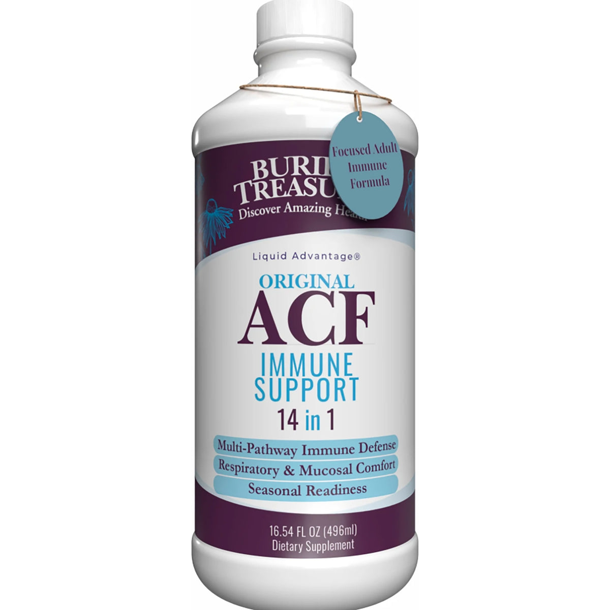 BTR003 | Buried Treasure ACF immune support liquid supplement bottle, 16.54 fl oz, 14 in 1, vegan safe, 0g sugar, gluten free