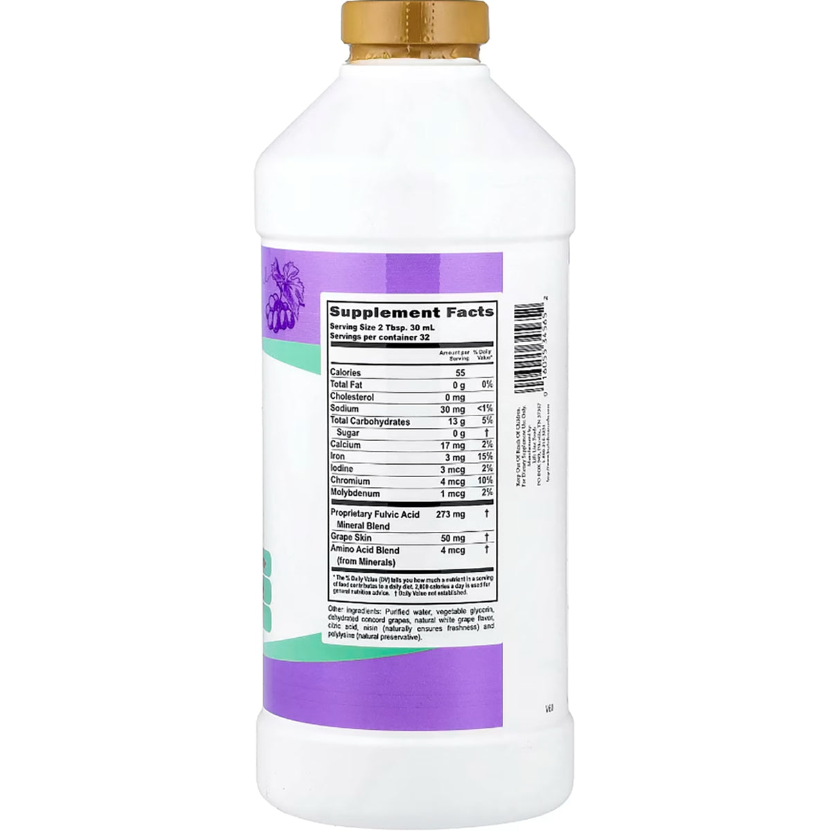 BTR026 | back of white bottle showing supplement facts panel, nutrient table and ingredient icons on purple label