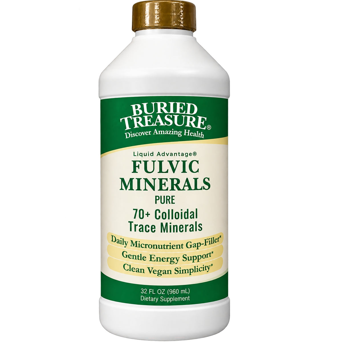 BTR029 | Buried Treasure Fulvic Minerals liquid supplement bottle, Pure 70+ trace minerals, vegan safe, 33 fl oz
