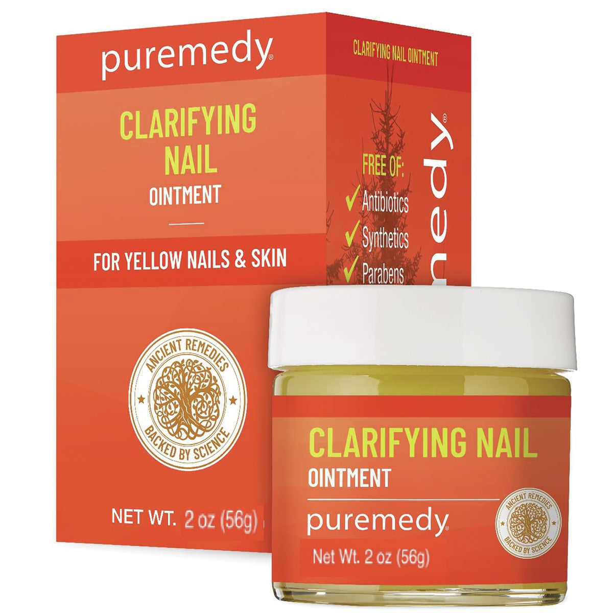 PRD011 | Jar of Puremedy Clarifying Nail ointment with orange label, net wt 2 oz (56 g) in foreground with orange box of product in background