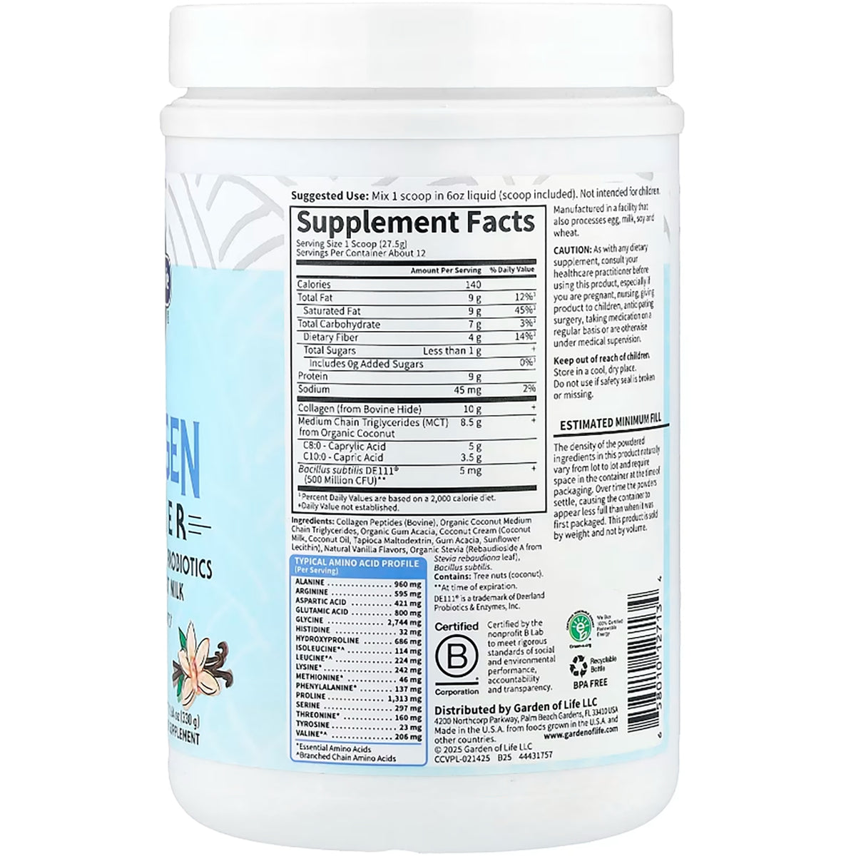 GLF307 | Back label of white supplement tub showing Supplement Facts panel, ingredient list, and certifications