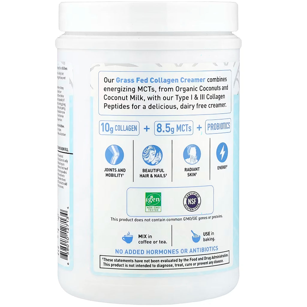 GLF307 | Back of white supplement tub showing supplement facts, estimated minimum fill, 10g collagen and icons for joints, hair, keto - Thumbnail