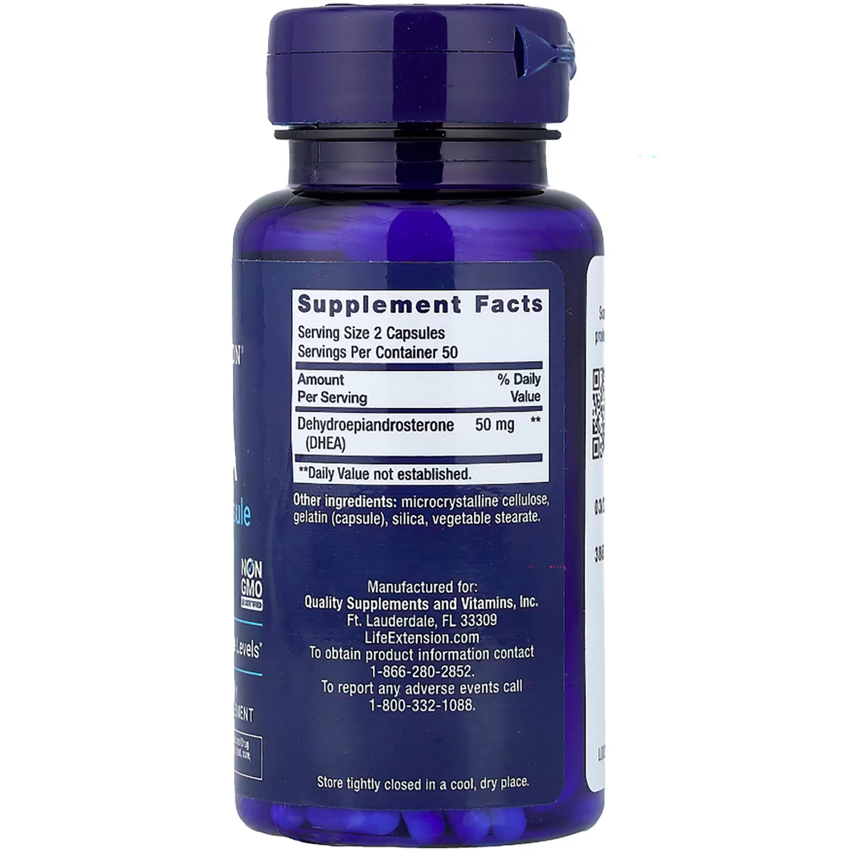 LE104 | back of blue supplement bottle showing Supplement Facts label with Serving Size 1 Capsule and DHEA 25 mg