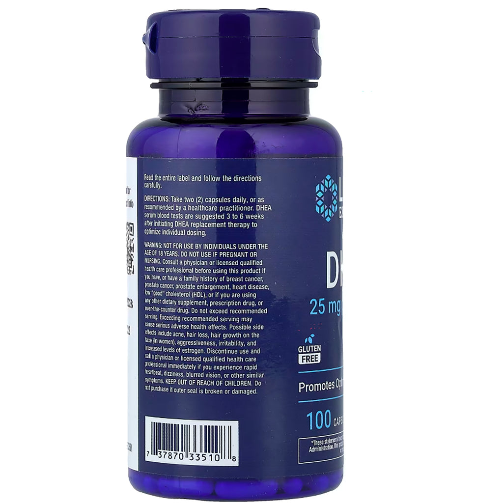 LE104 | Back of blue supplement bottle showing QR code, barcode, directions text, 07/2023 date and lot L003351 - Thumbnail