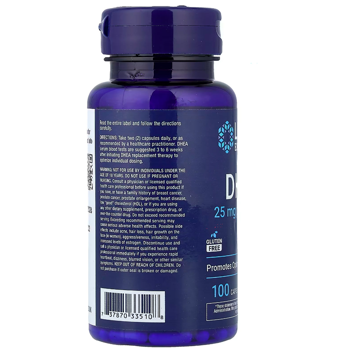 LE104 | Back of blue supplement bottle showing QR code, barcode, directions text, 07/2023 date and lot L003351