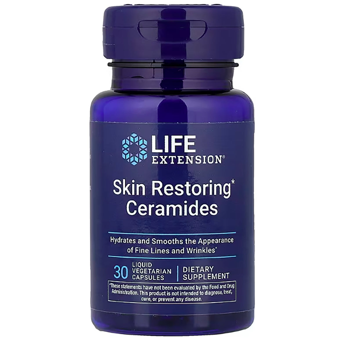 LE553 | Life Extension Skin Restoring Ceramides blue supplement bottle front label 30 liquid veg caps Non-GMO