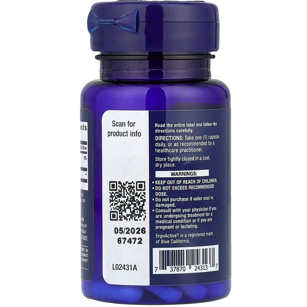 LE582 | Back of blue supplement bottle showing QR code, directions, warnings, barcode and lot number 01/2024 - Thumbnail