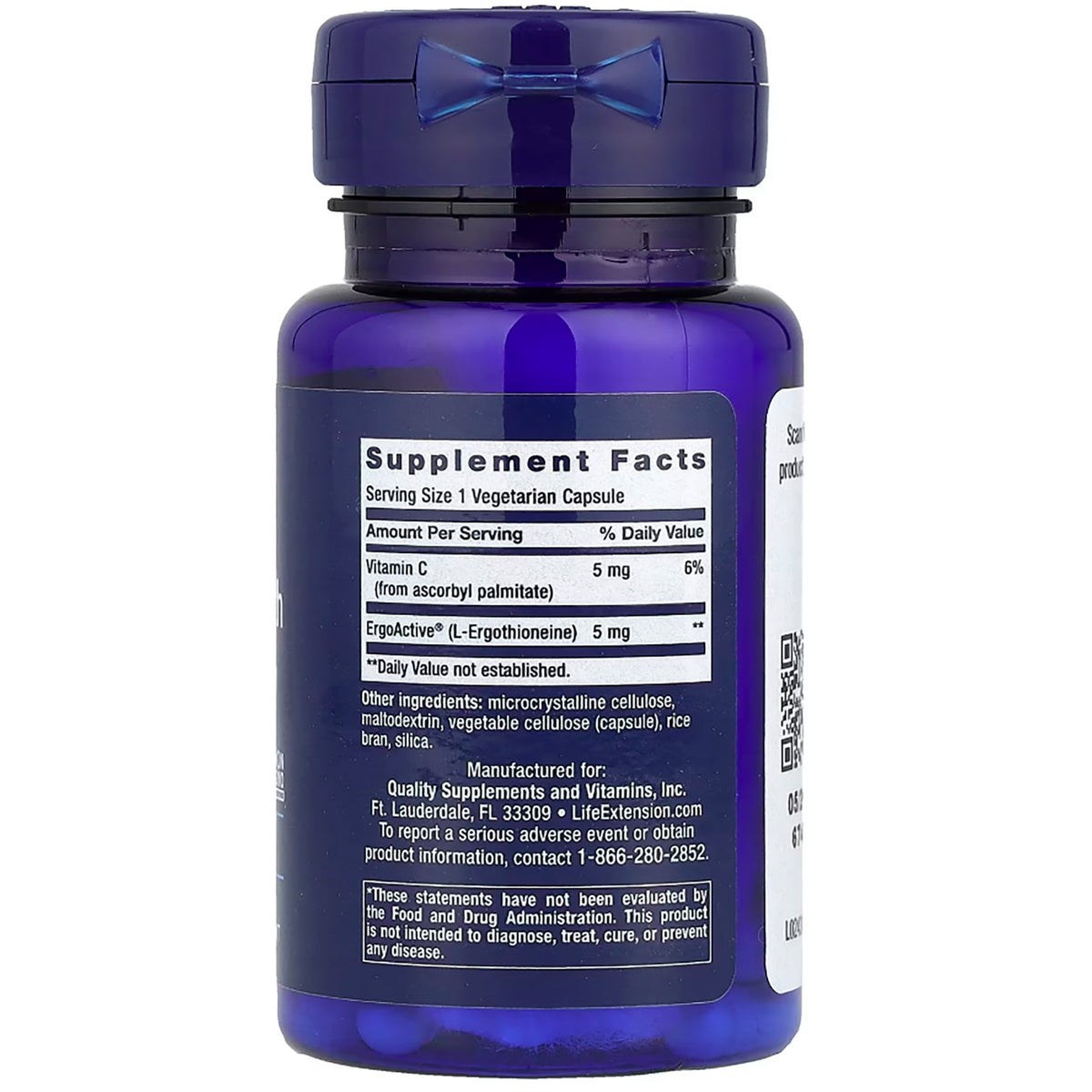 LE582 | Supplement Facts label on back of blue supplement bottle showing serving size, ingredients, and warnings
