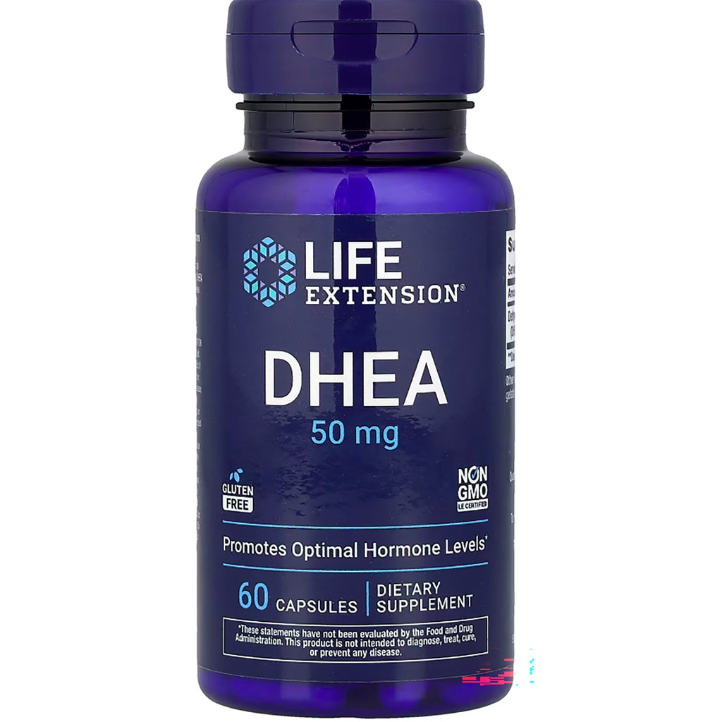Life Extension DHEA 50 mg supplement bottle, 60 capsules, promotes optimal hormone levels - Thumbnail