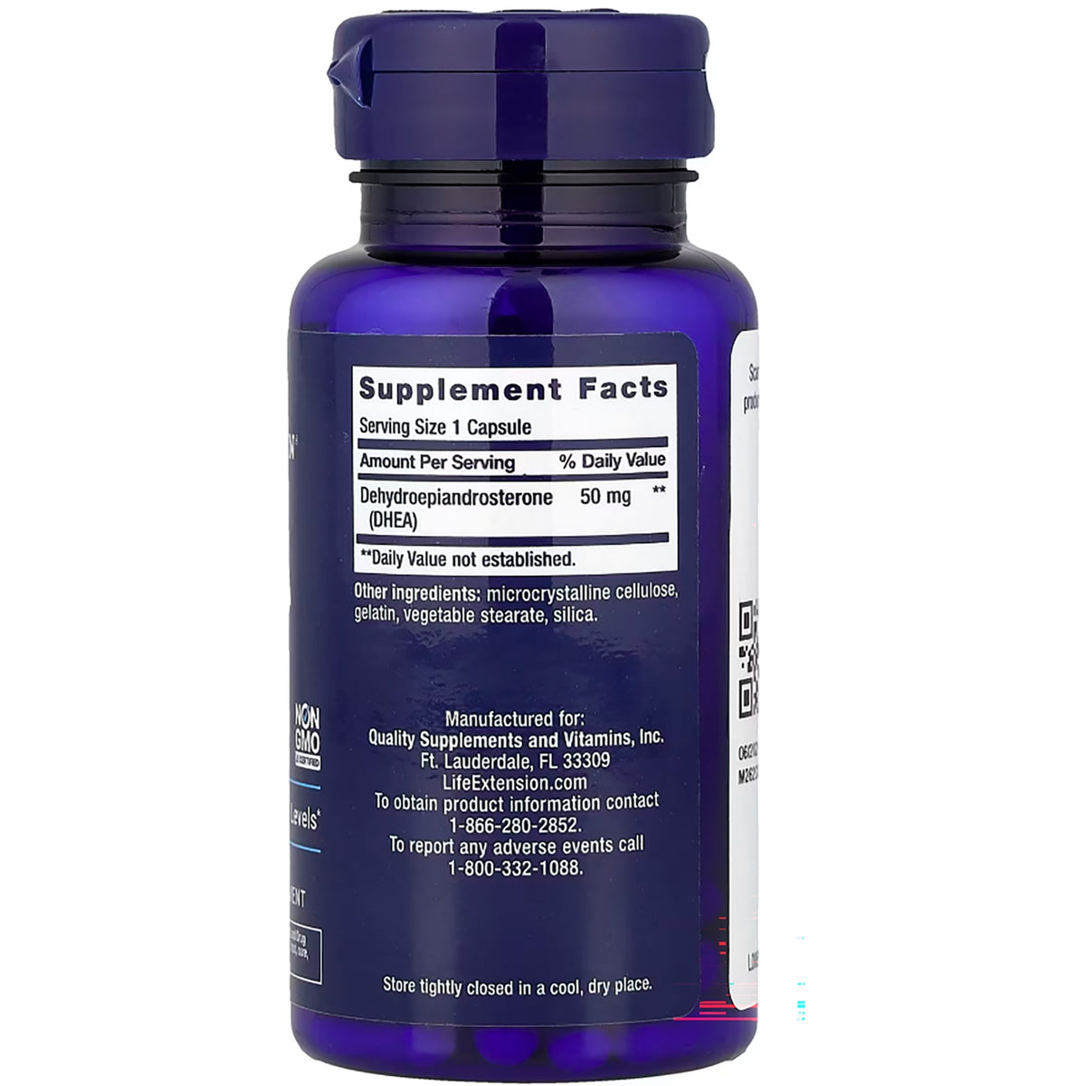 LE133 | Back label showing Supplement Facts for DHEA 50 mg, serving size 1 capsule, other ingredients and manufacturer contact