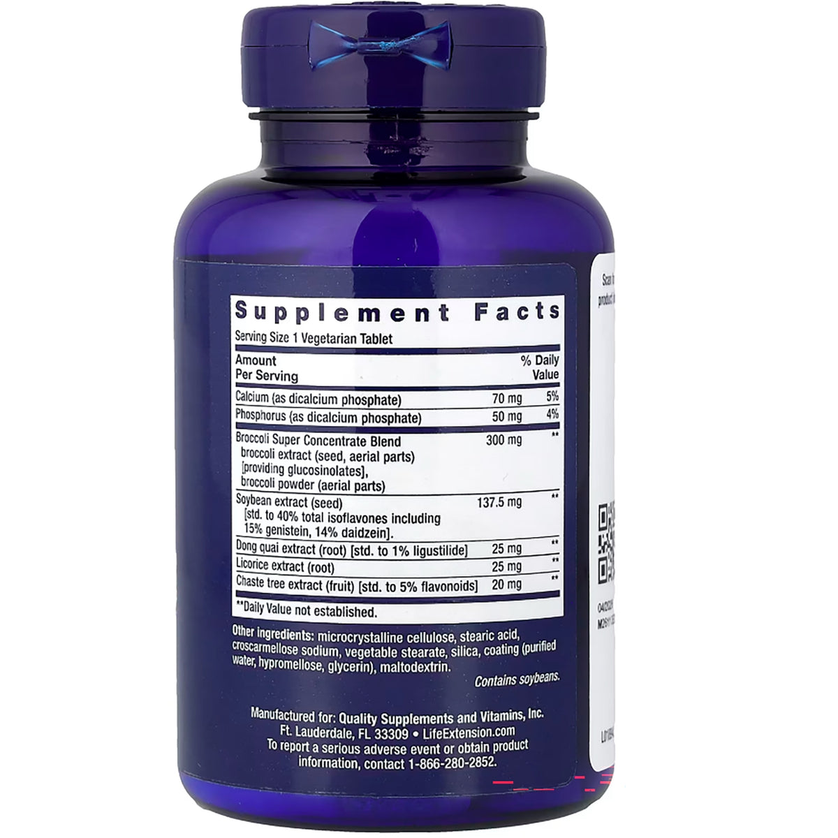 LE447 | Supplement Facts panel on blue bottle showing serving size, ingredient amounts and other ingredients