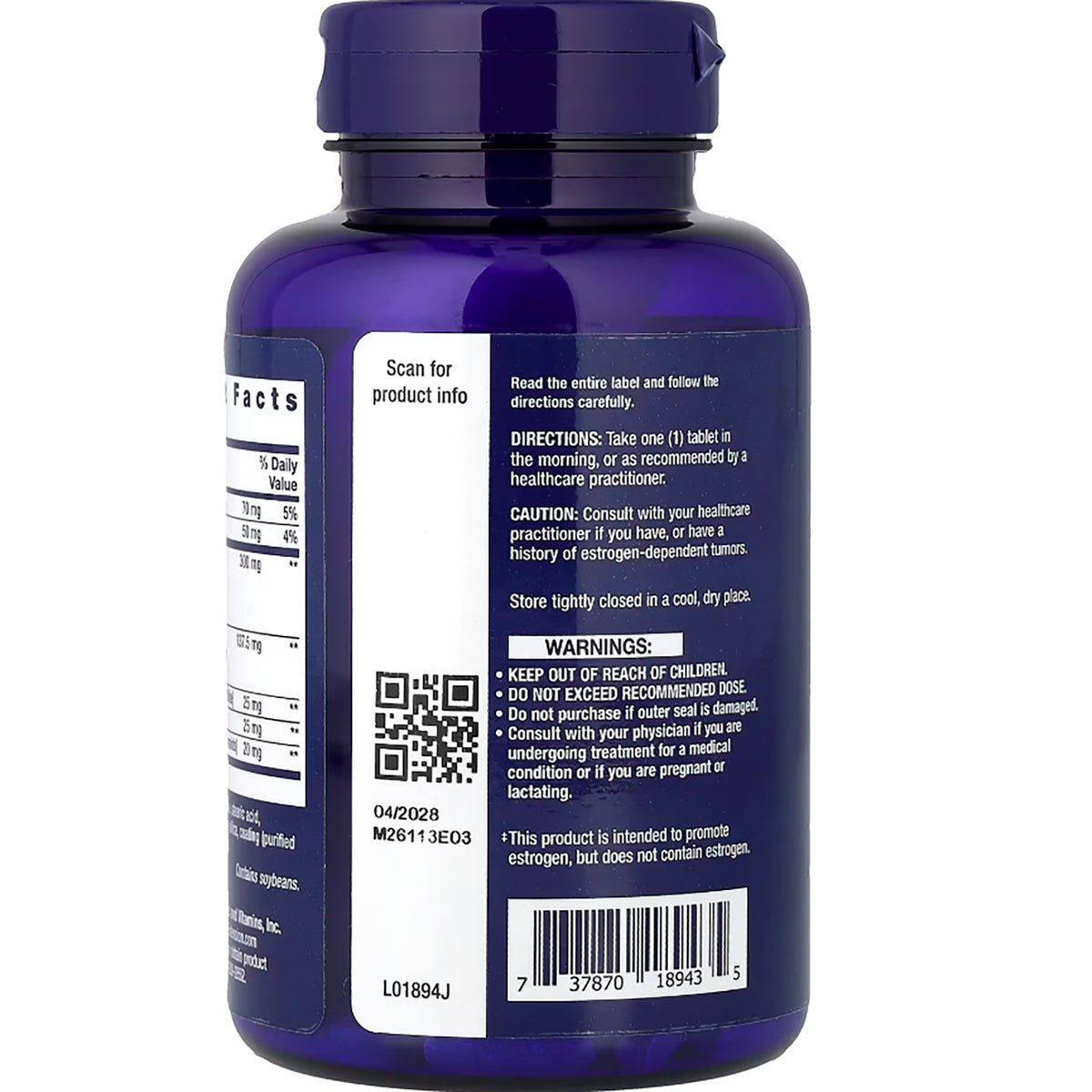 LE447 | Back label of blue supplement bottle showing directions, warnings, QR code and barcode