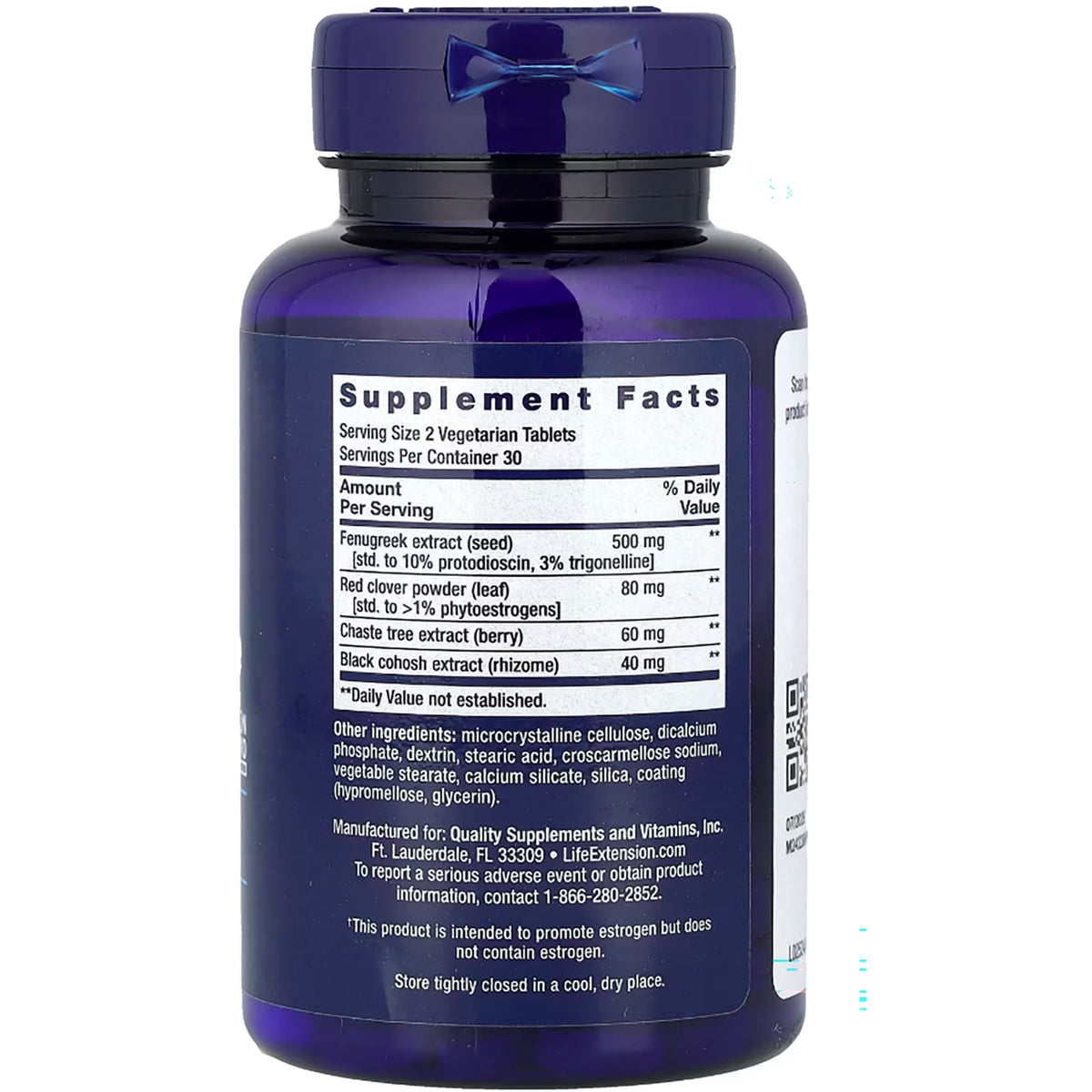 LE597 | back label of blue supplement bottle showing Supplement Facts panel and ingredient list