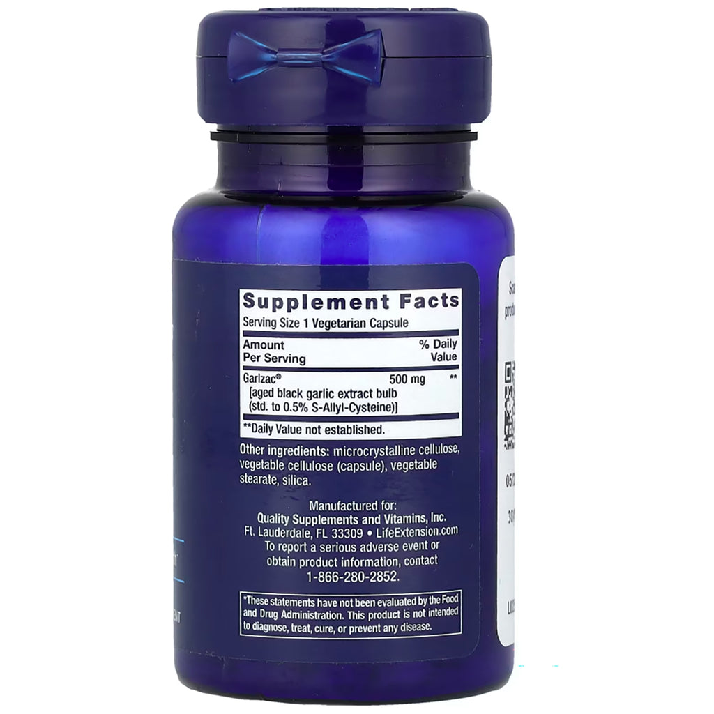 LE594 | back label showing Supplement Facts with serving size 1 vegetarian capsule, Garlzac 500 mg and other ingredients - Thumbnail