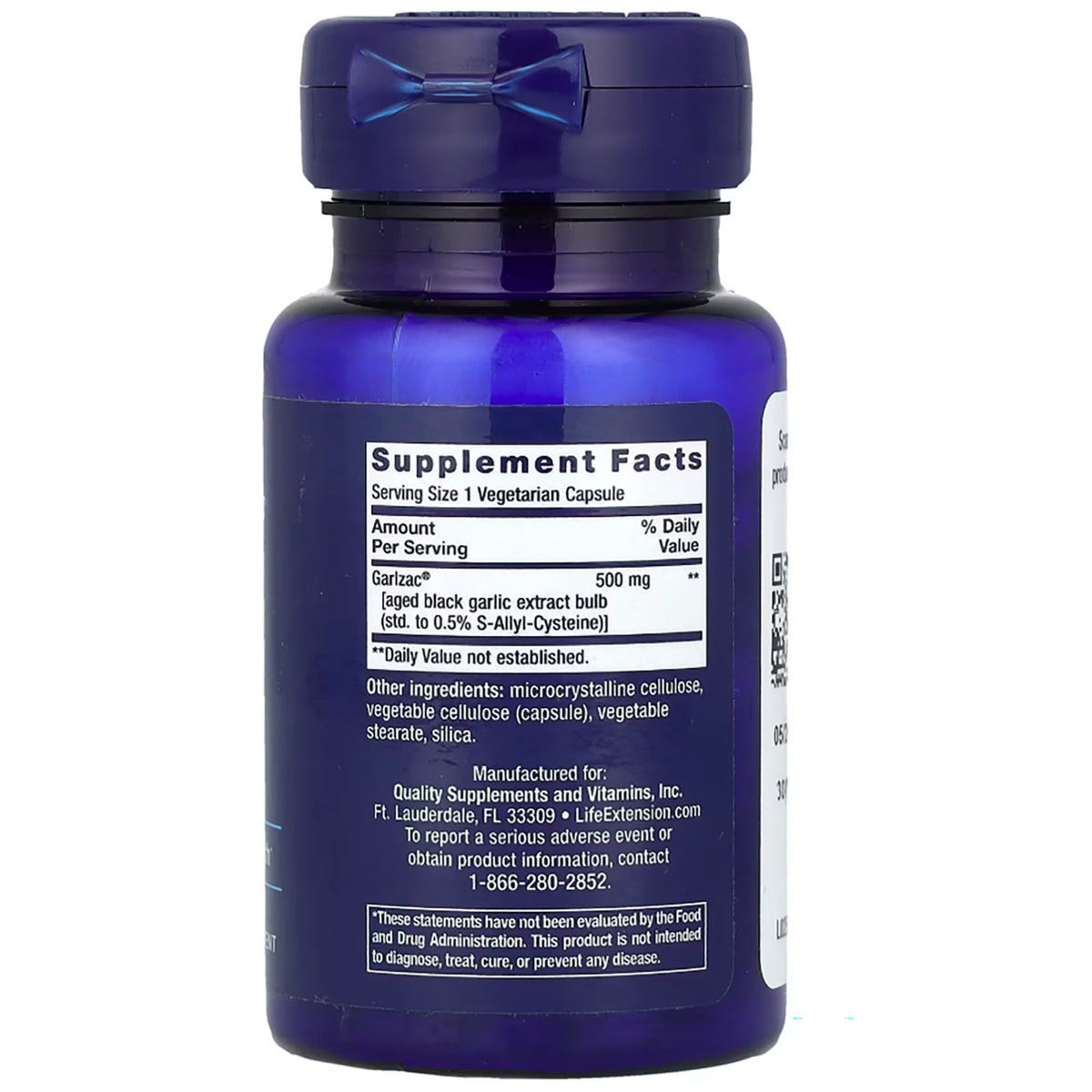 LE594 | back label showing Supplement Facts with serving size 1 vegetarian capsule, Garlzac 500 mg and other ingredients