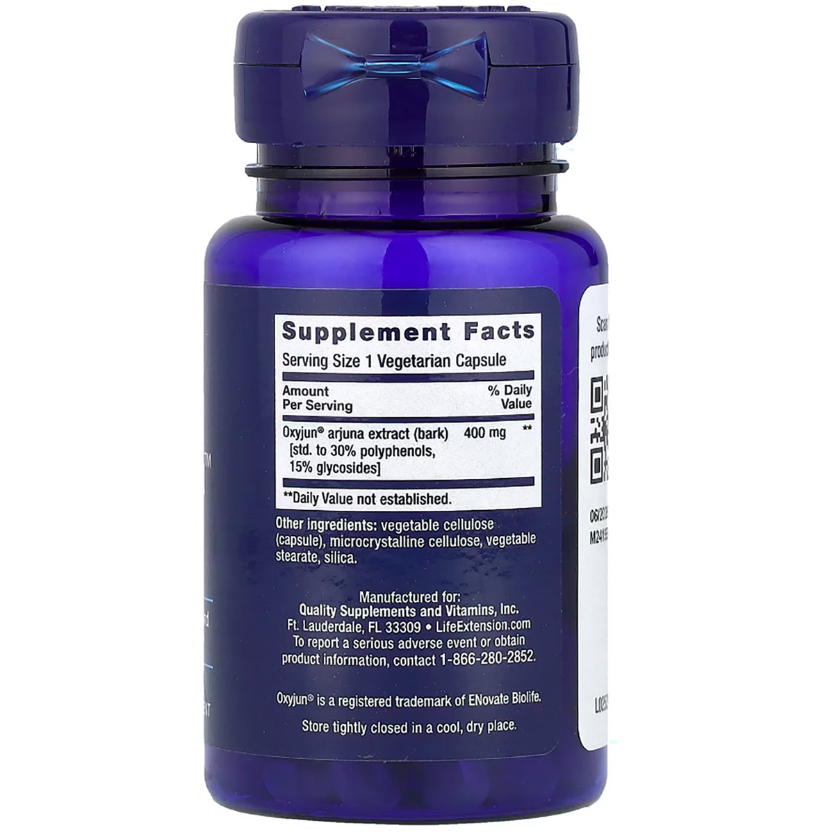 LE593 | Back label of blue supplement bottle showing Supplement Facts: Serving Size 1 Vegetarian Capsule, Oxyjun arjuna extract 400 mg and other ingredients
