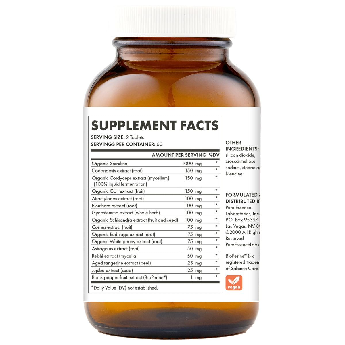 PEL034 | Back of brown supplement bottle showing Supplement Facts label with ingredient list and amounts