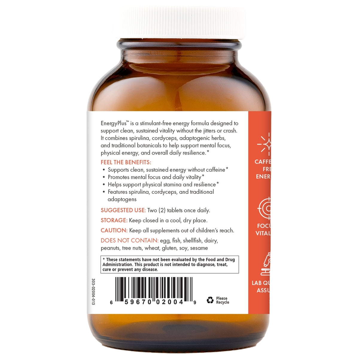 PEL034 | back of brown supplement bottle with red label showing ingredients, suggested use, barcode and expiration