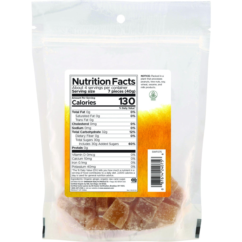 SWF075 | Back of pouch with Nutrition Facts; 7 pieces (40 g), 130 calories; ingredients: organic ginger, raw cane sugar - Thumbnail