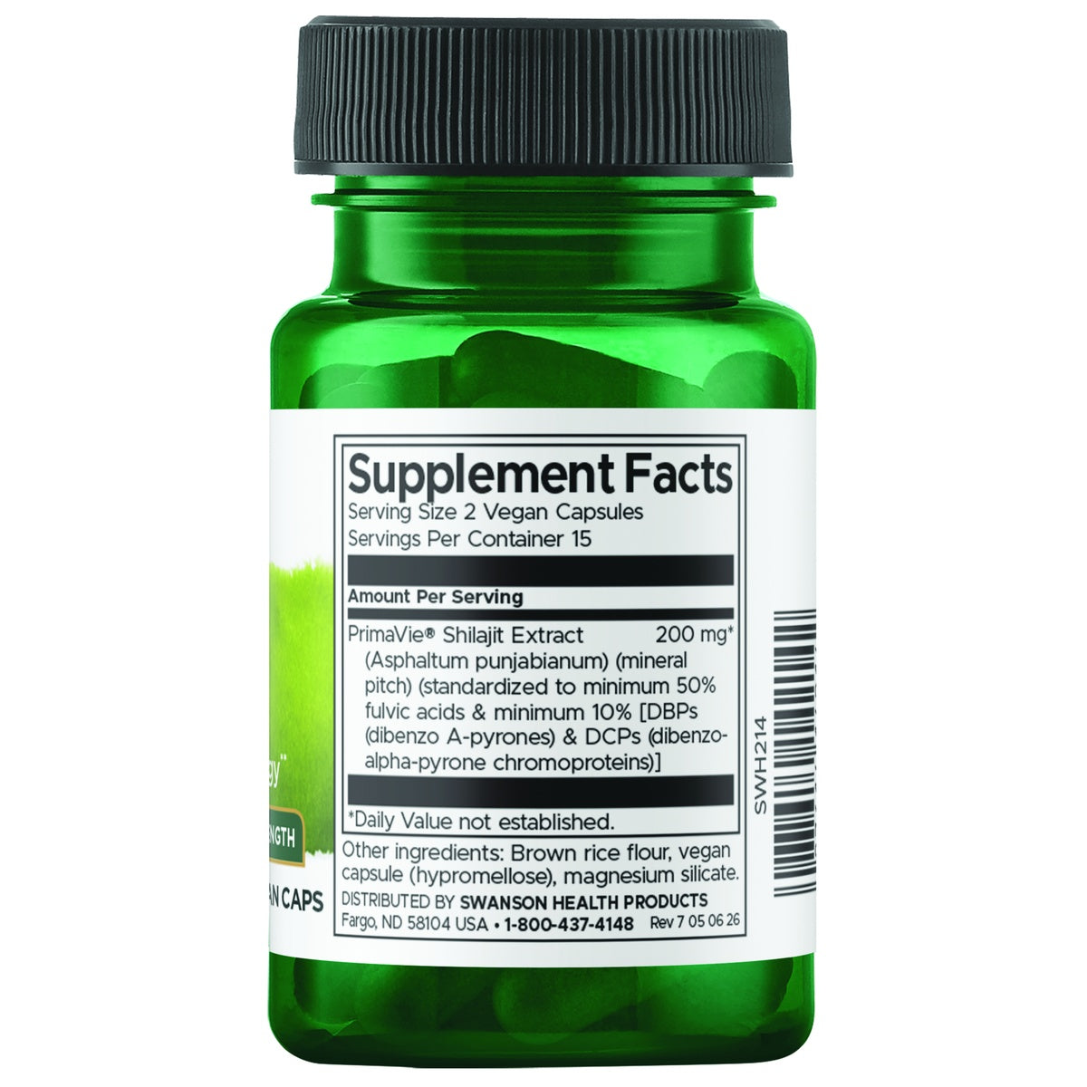 SWH214 | Back label with Supplement Facts; Serving Size 1 veggie capsule; Tru-Fulvic Shilajit Extract 100 mg