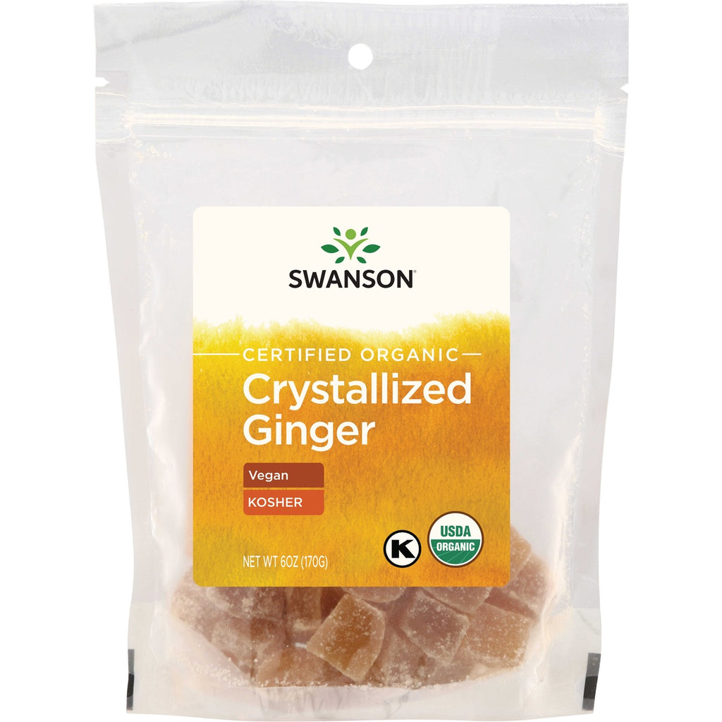 SWF075 | Swanson Certified Organic Crystallized Ginger, vegetarian and kosher, USDA Organic, 6 oz resealable bag - Thumbnail
