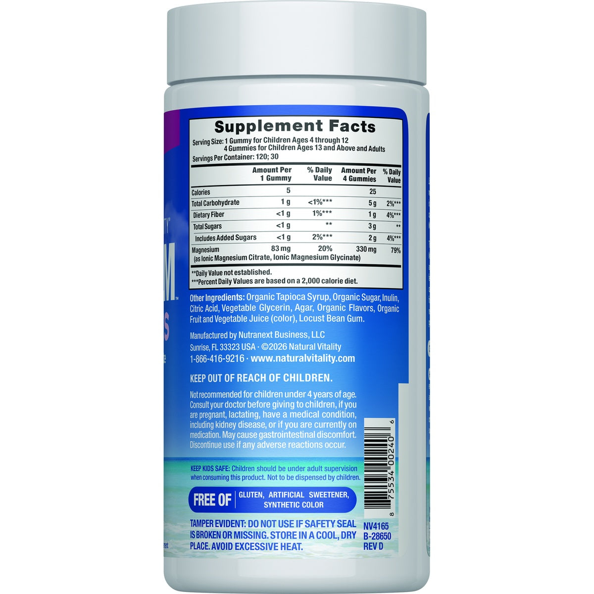 NVT041 | Back label of blue supplement bottle showing Supplement Facts panel, ingredients, and 330 mg magnesium per serving