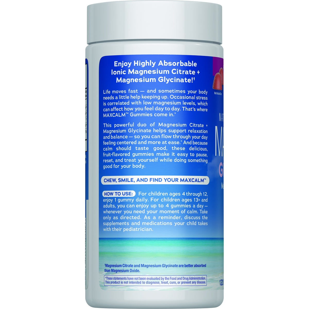 NVT041 | Back of blue supplement bottle showing Supplement Facts panel, directions text and barcode