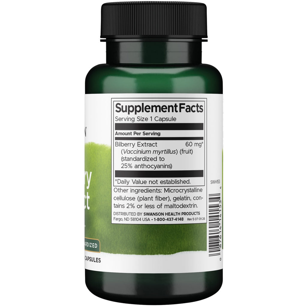 SWH153 | Back of bilberry extract supplement bottle showing Supplement Facts with Bilberry Extract 60 mg and ingredients - Thumbnail