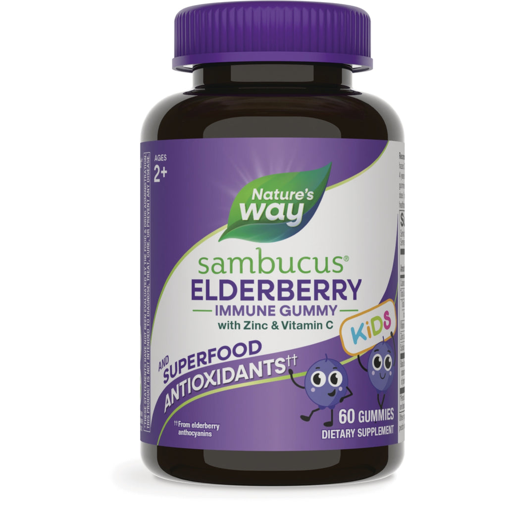 NW1079 | Nature's Way Sambucus Elderberry Immune Gummy with Zinc & Vitamin C Kids gummy bottle with purple label with Superfood Antioxidants and 60 Gummies visible - Thumbnail