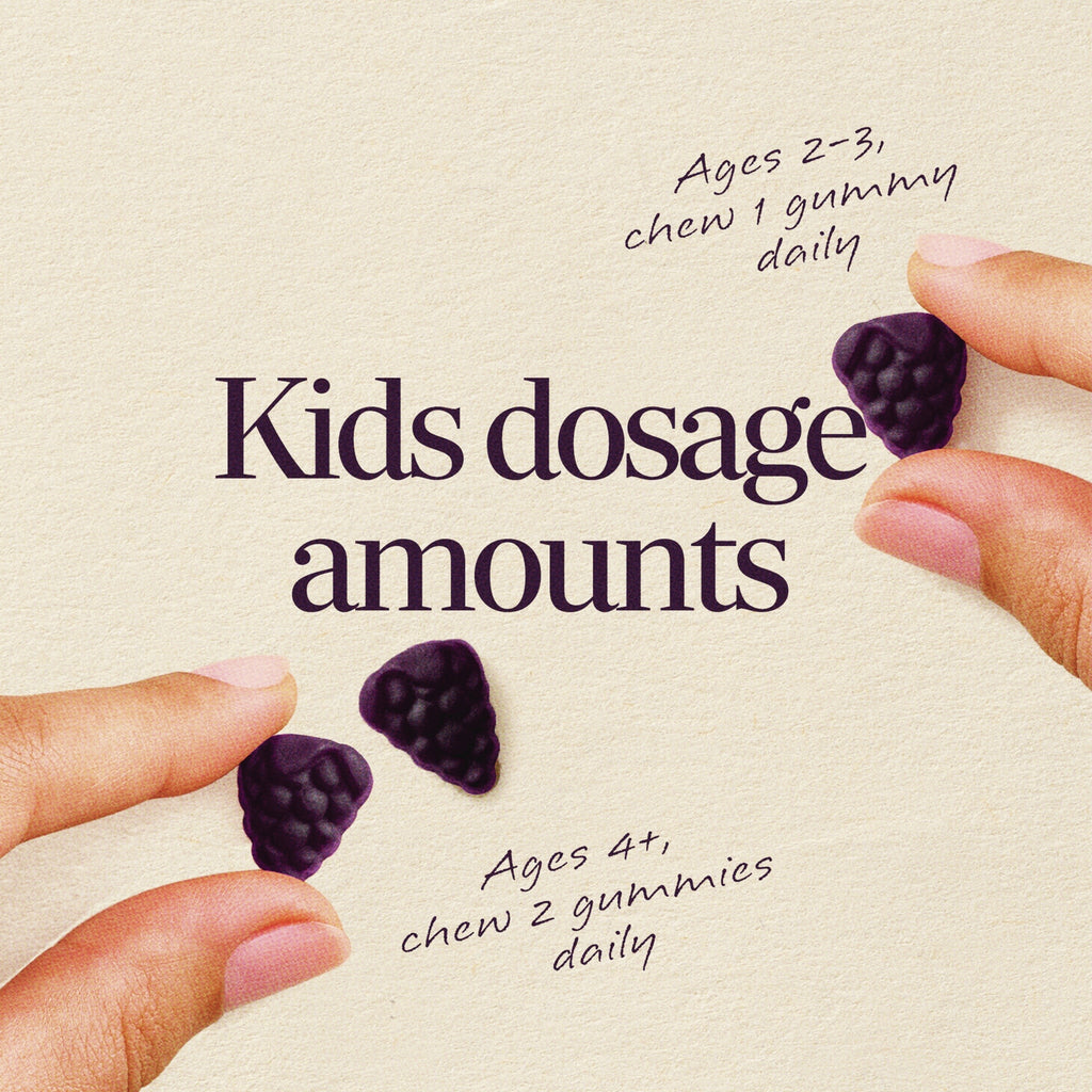 NW1079 | Product infographic titled Kids dosage amounts with images of fingers holding purple shaped gummies - Thumbnail