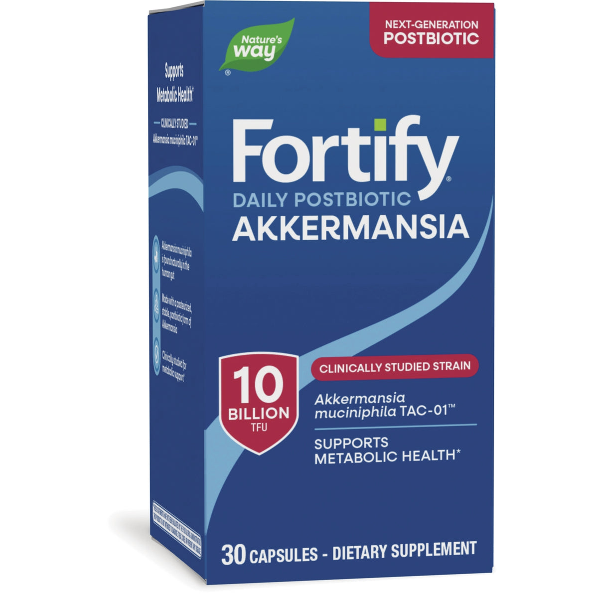 NW1078 | Nature's Way Fortify Daily Postbiotic Akkermansia blue box with 30 capsules and dietary supplement visible