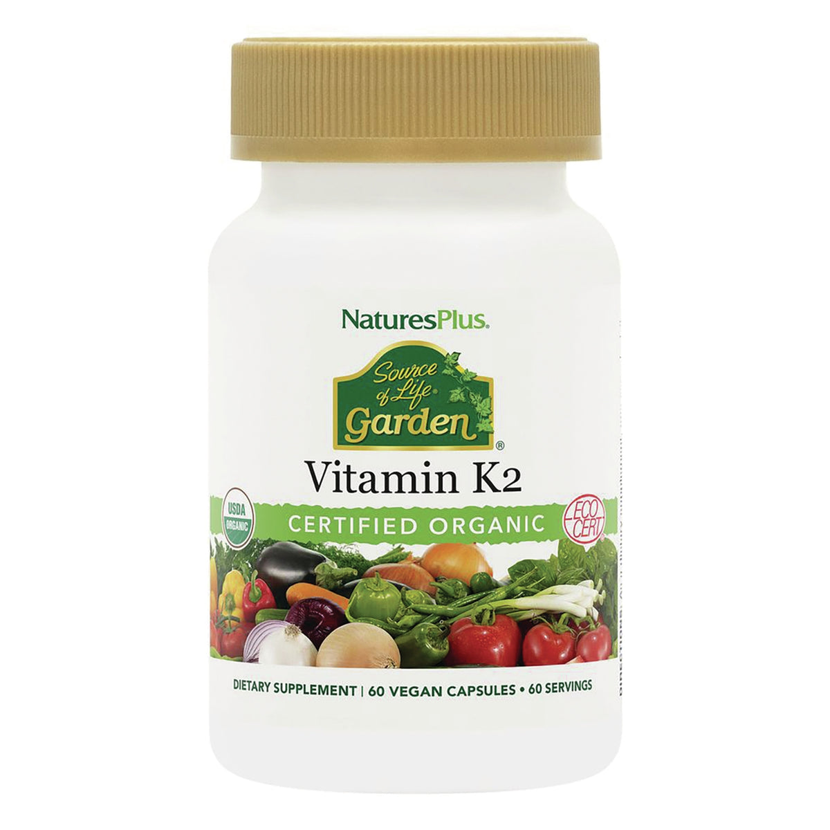 NTP293 | Front of white bottle of Source of Life Garden Vitamin K2 whole food grown USDA Organic supplement, 60 vegan capsules