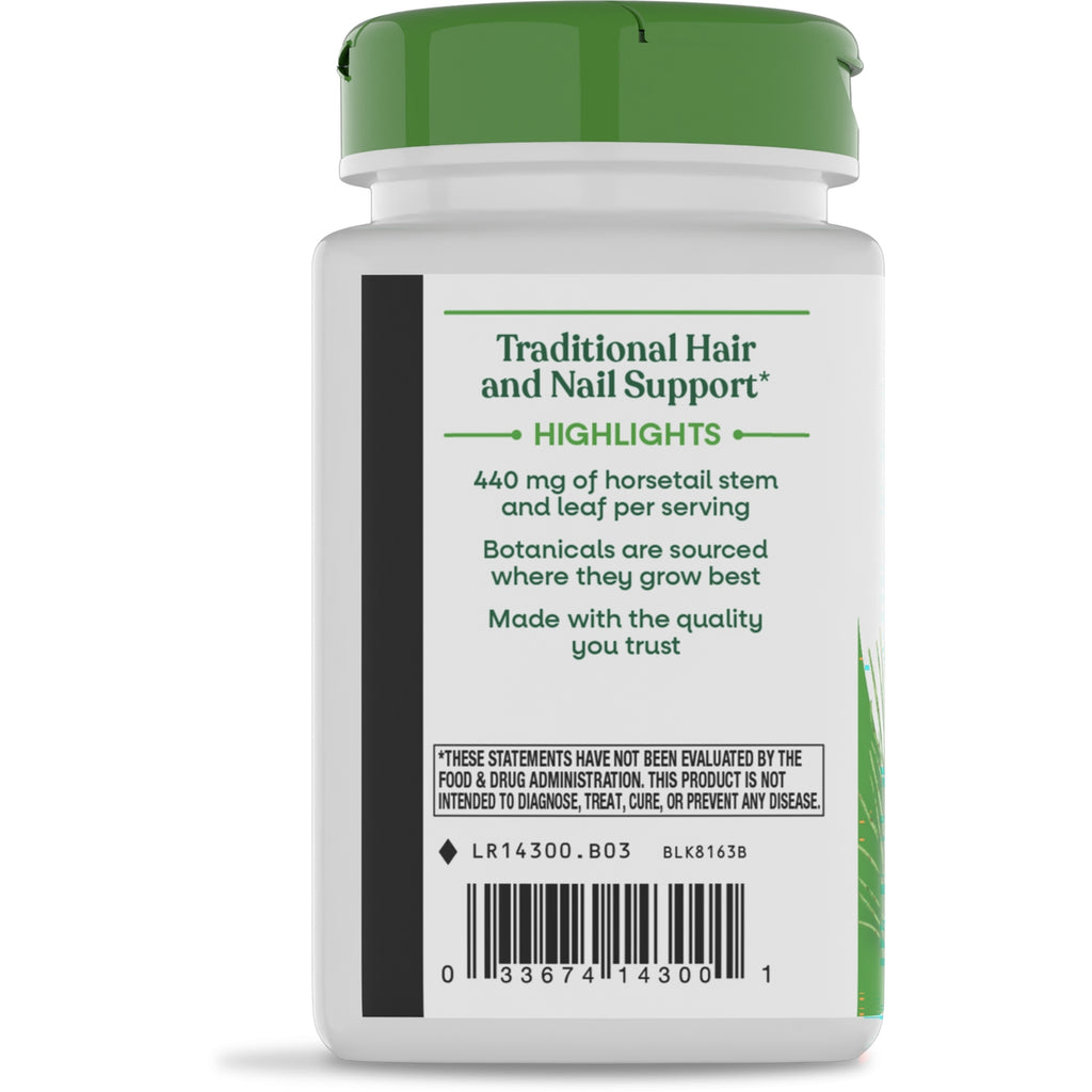 NW150 | Back label of supplement bottle: Traditional Hair and Nail Support, highlights, 440 mg horsetail, and barcode - Thumbnail