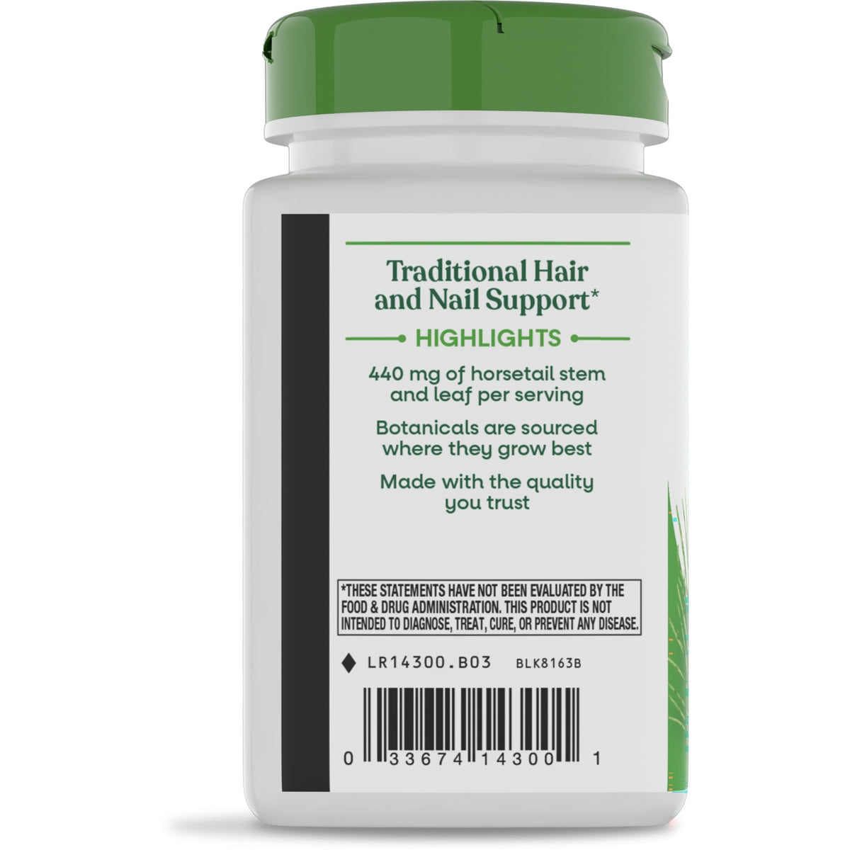NW150 | Back label of supplement bottle: Traditional Hair and Nail Support, highlights, 440 mg horsetail, and barcode