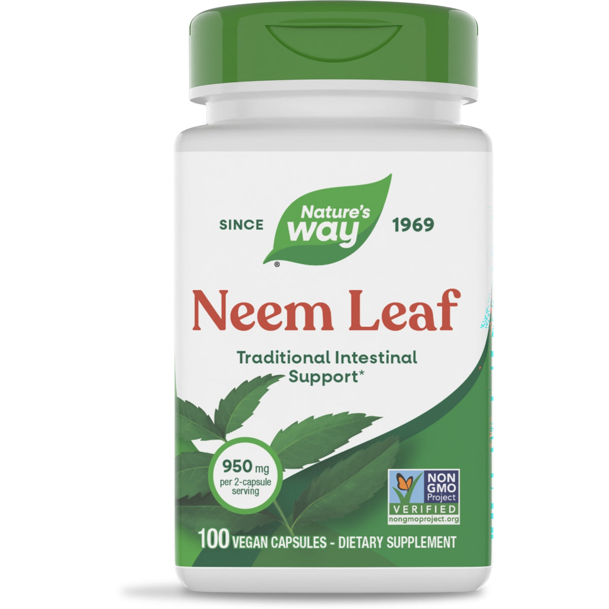NW867 | Nature's Way Neem Leaf supplement bottle front label showing 100 vegan capsules and 950 mg per 2-capsule serving